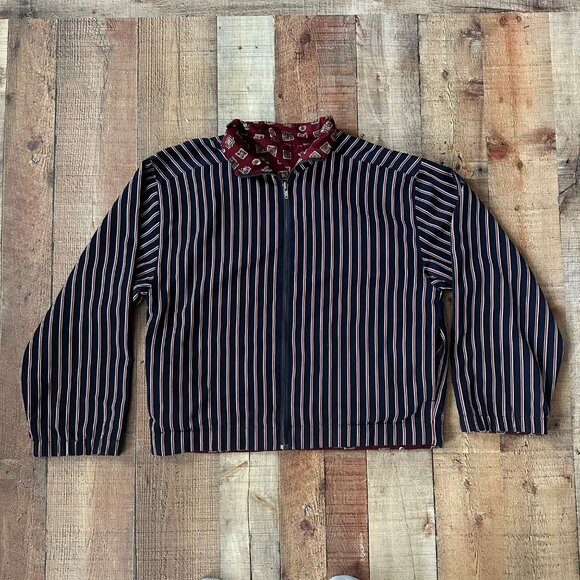 Vintage Women’s Reversible Navy Blue & Red Striped Geometric shaped Jacket - Picture 1 of 10